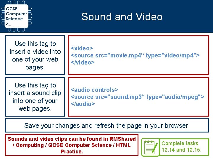 Sound and Video Use this tag to insert a video into one of your Sound and Video Use this tag to insert a video into one of your