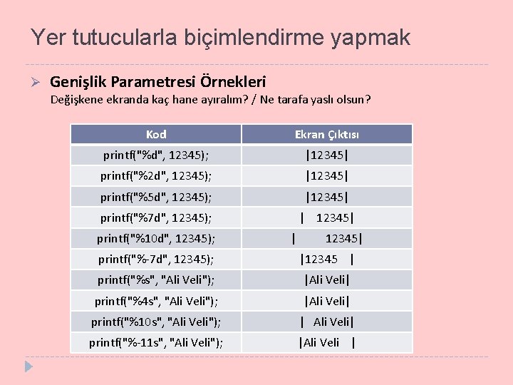 Yer tutucularla biçimlendirme yapmak Ø Genişlik Parametresi Örnekleri Değişkene ekranda kaç hane ayıralım? /