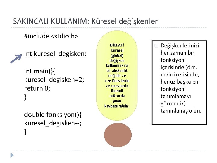 SAKINCALI KULLANIM: Küresel değişkenler #include <stdio. h> int kuresel_degisken; int main(){ kuresel_degisken=2; return 0;