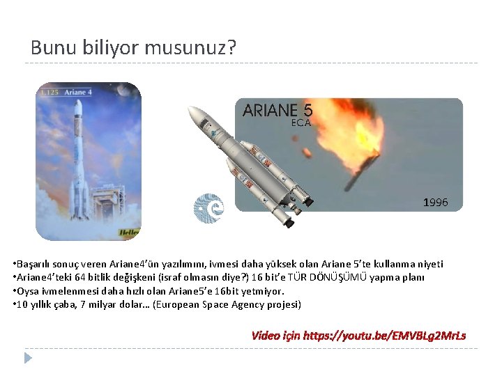 Bunu biliyor musunuz? 1996 • Başarılı sonuç veren Ariane 4’ün yazılımını, ivmesi daha yüksek