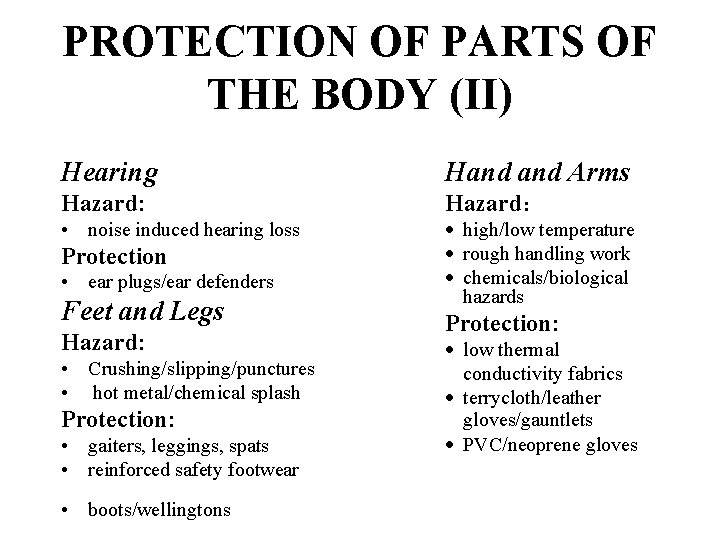 PROTECTION OF PARTS OF THE BODY (II) Hearing Hand Arms Hazard: • noise induced