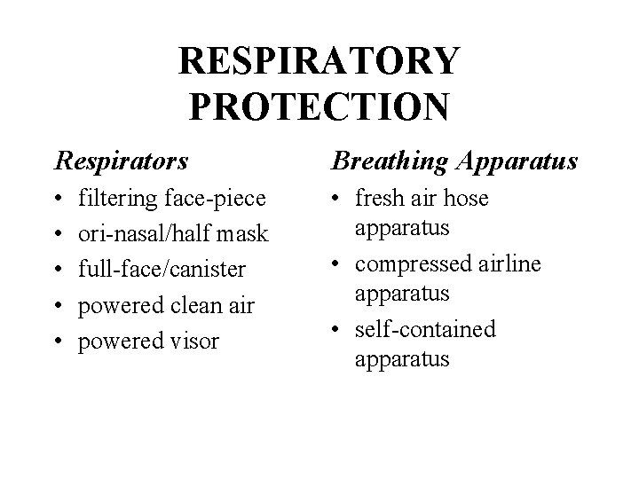 RESPIRATORY PROTECTION Respirators Breathing Apparatus • • • fresh air hose apparatus • compressed