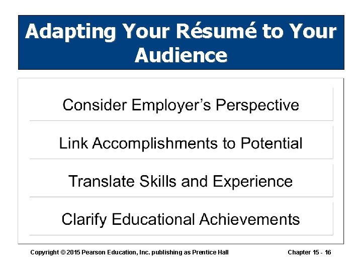 Adapting Your Résumé to Your Audience Copyright © 2015 Pearson Education, Inc. publishing as