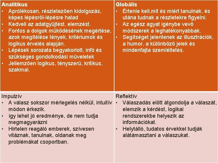 Analitikus • Aprólékosan, részletezően kidolgozás, képes lépésről-lépésre halad • Kedveli az adatgyűjtést, elemzést. •