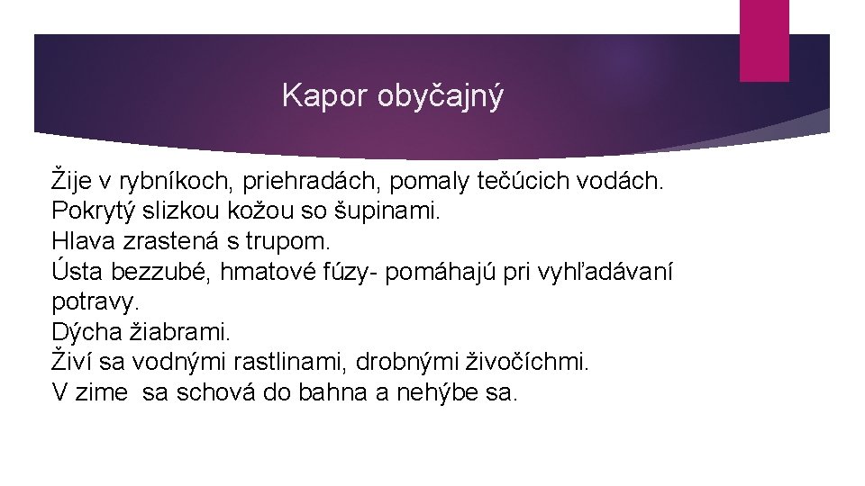 Kapor obyčajný Žije v rybníkoch, priehradách, pomaly tečúcich vodách. Pokrytý slizkou kožou so šupinami.