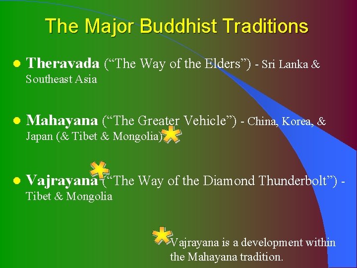 The Major Buddhist Traditions l Theravada (“The Way of the Elders”) - Sri Lanka