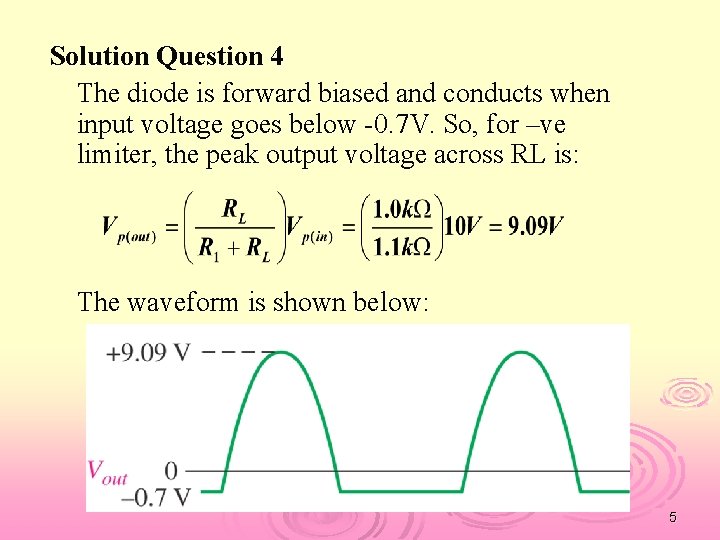 Solution Question 4 The diode is forward biased and conducts when input voltage goes