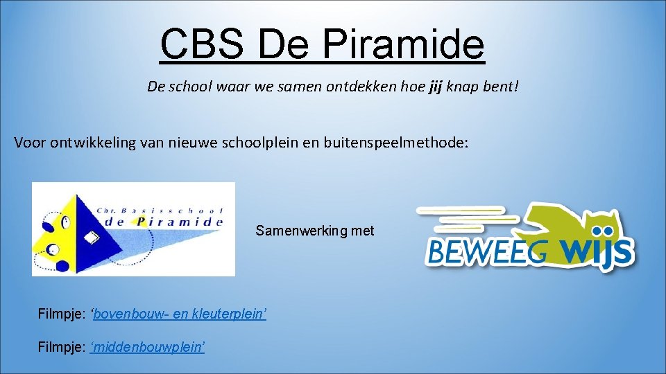 CBS De Piramide De school waar we samen ontdekken hoe jij knap bent! Voor