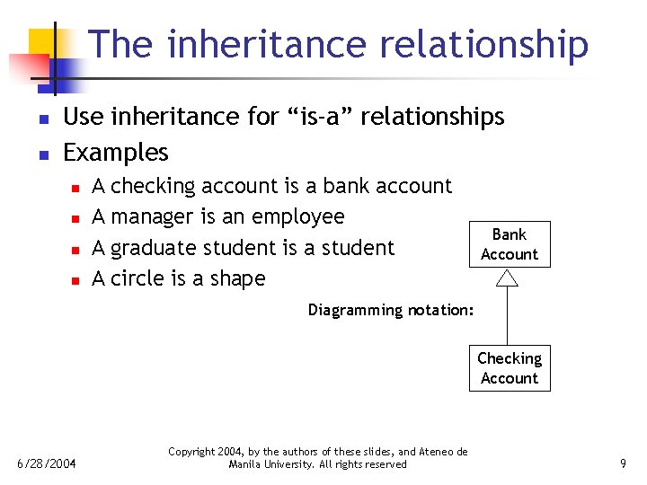 The inheritance relationship n n Use inheritance for “is-a” relationships Examples n n A