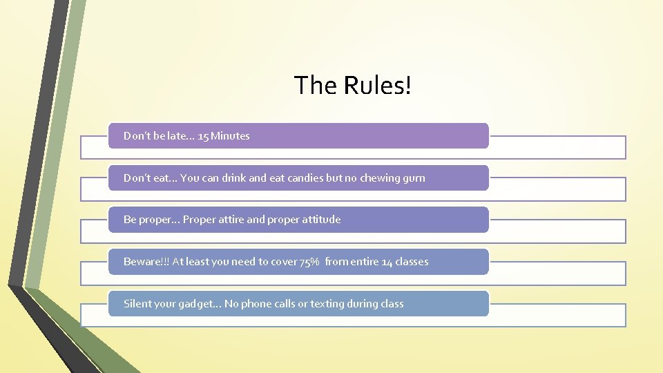 The Rules! Don’t be late. . . 15 Minutes Don’t eat. . . You