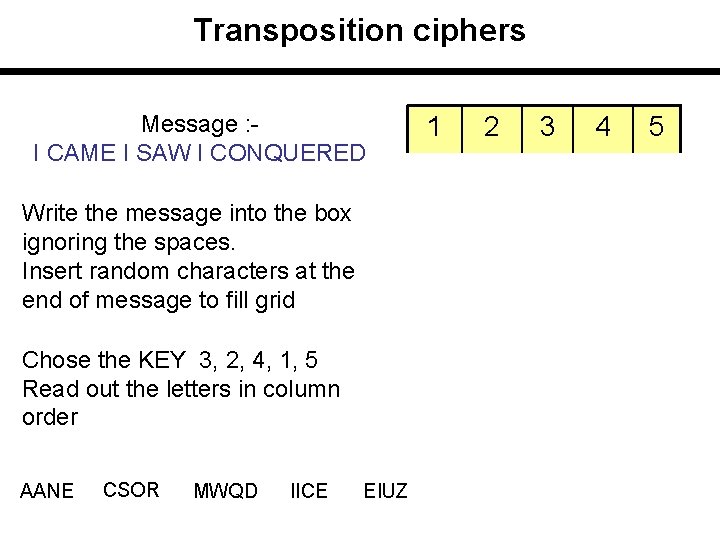 Transposition ciphers Message : I CAME I SAW I CONQUERED Write the message into