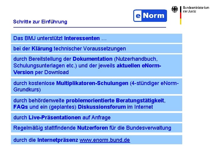 Schritte zur Einführung Das BMJ unterstützt Interessenten … bei der Klärung technischer Voraussetzungen durch