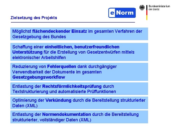 Zielsetzung des Projekts Möglichst flächendeckender Einsatz im gesamten Verfahren der Gesetzgebung des Bundes Schaffung