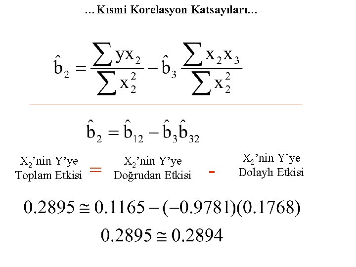 …Kısmi Korelasyon Katsayıları… X 2’nin Y’ye Toplam Etkisi = X 2’nin Y’ye Doğrudan Etkisi