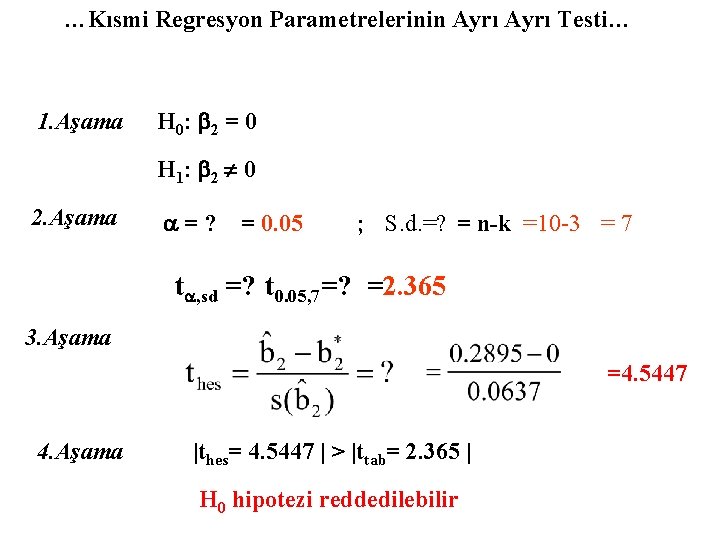 …Kısmi Regresyon Parametrelerinin Ayrı Testi… 1. Aşama H 0: b 2 = 0 H