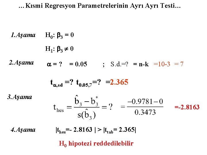 …Kısmi Regresyon Parametrelerinin Ayrı Testi… 1. Aşama H 0: b 3 = 0 H