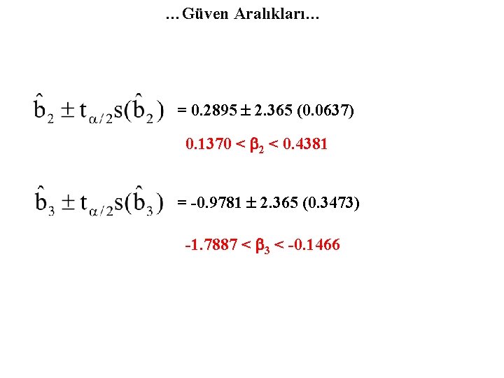 …Güven Aralıkları… = 0. 2895 2. 365 (0. 0637) 0. 1370 < b 2