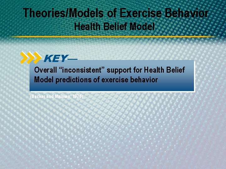 Theories/Models of Exercise Behavior Health Belief Model KEY— Overall “inconsistent” support for Health Belief