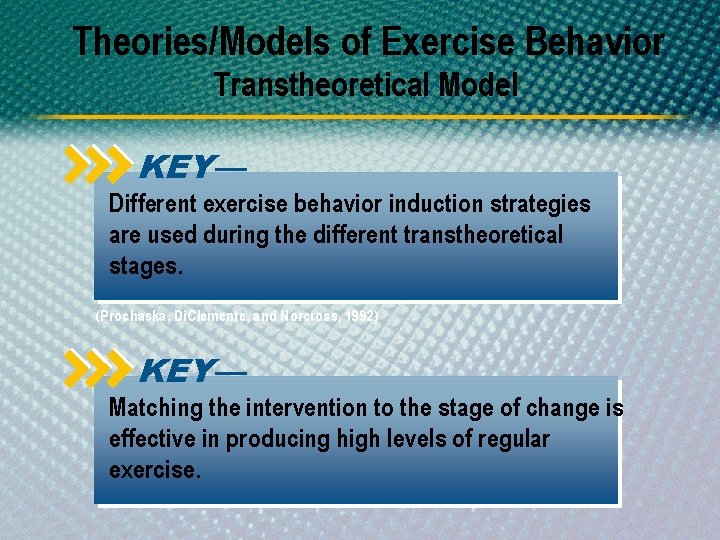 Theories/Models of Exercise Behavior Transtheoretical Model KEY— Different exercise behavior induction strategies are used