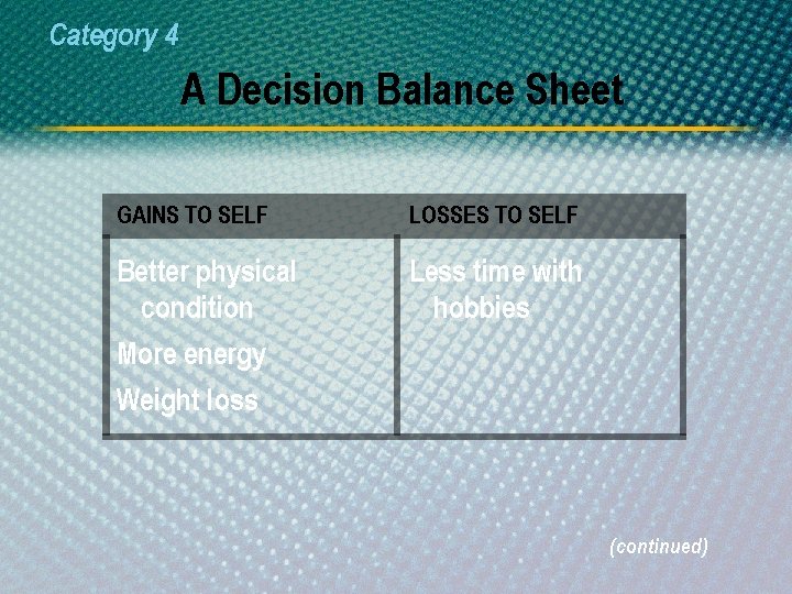 Category 4 A Decision Balance Sheet GAINS TO SELF LOSSES TO SELF Better physical