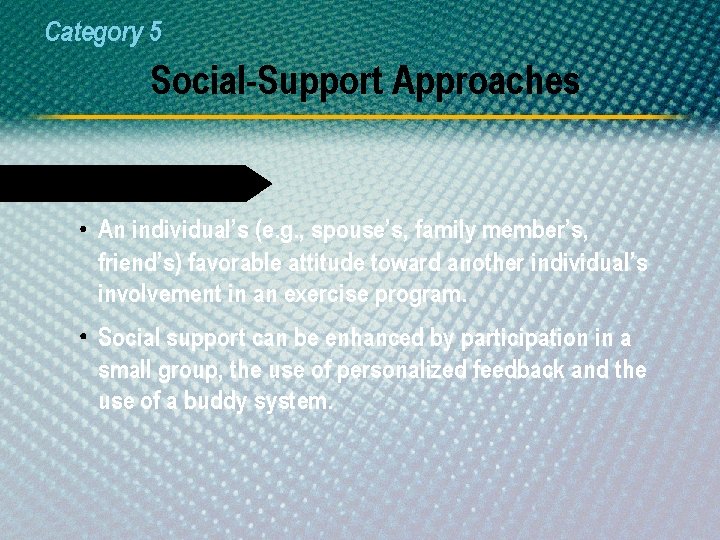 Category 5 Social-Support Approaches Social Support An individual’s (e. g. , spouse’s, family member’s,