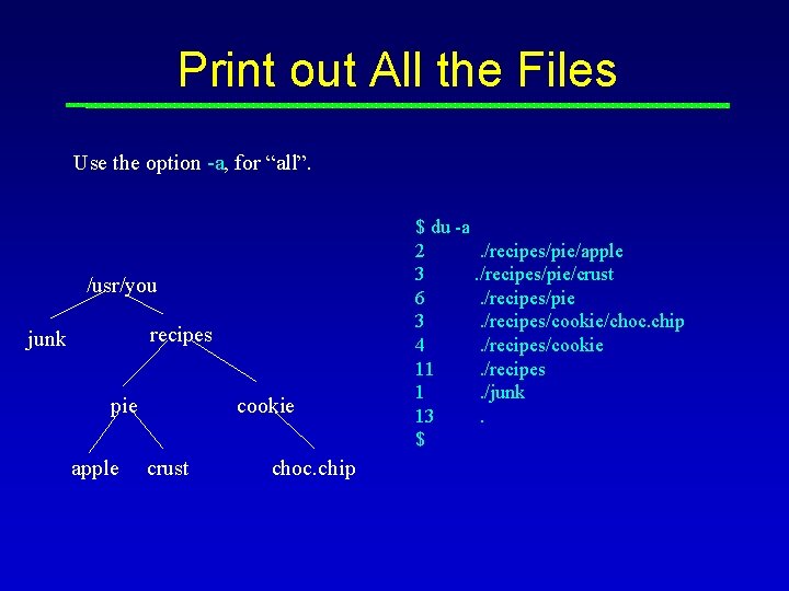 Print out All the Files Use the option -a, for “all”. /usr/you recipes junk