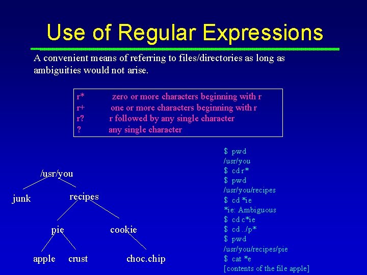 Use of Regular Expressions A convenient means of referring to files/directories as long as