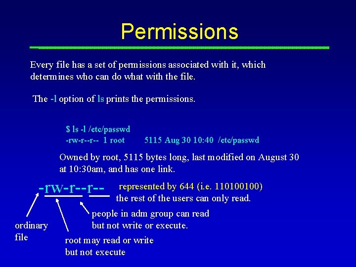 Permissions Every file has a set of permissions associated with it, which determines who