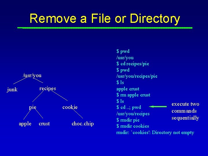 Remove a File or Directory /usr/you recipes junk pie apple cookie crust choc. chip Remove a File or Directory /usr/you recipes junk pie apple cookie crust choc. chip