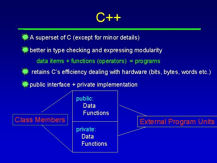 C++ A superset of C (except for minor details) better in type checking and C++ A superset of C (except for minor details) better in type checking and