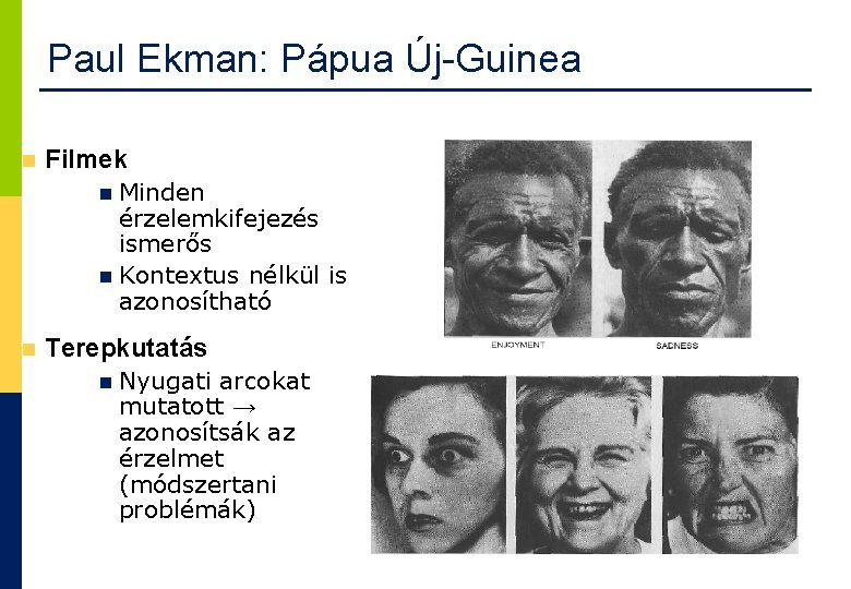 Paul Ekman: Pápua Új-Guinea Filmek Minden érzelemkifejezés ismerős Kontextus nélkül is azonosítható Terepkutatás 20
