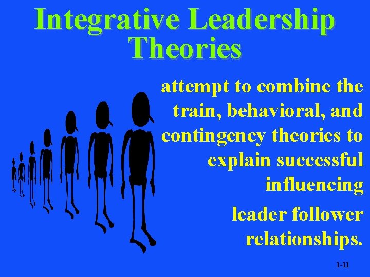 Integrative Leadership Theories attempt to combine the train, behavioral, and contingency theories to explain