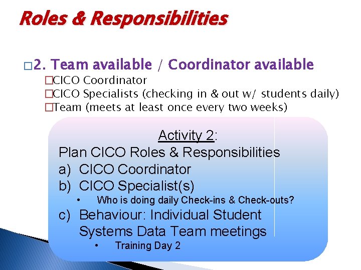 Roles & Responsibilities � 2. Team available / Coordinator available �CICO Coordinator �CICO Specialists