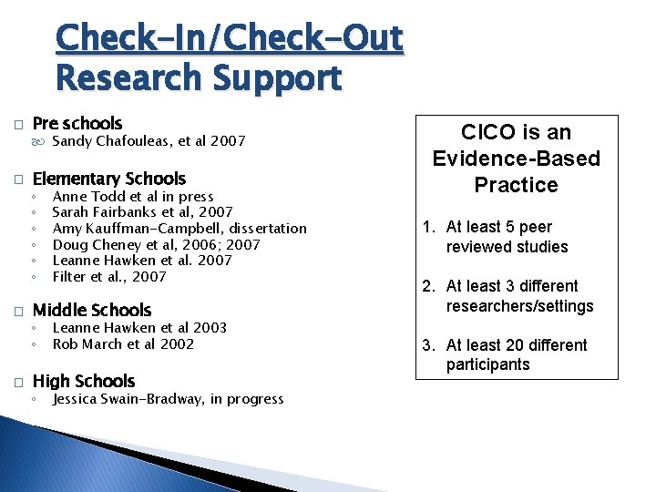Check-In/Check-Out Research Support � Pre schools Sandy Chafouleas, et al 2007 � Elementary Schools