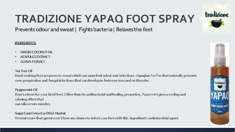 TRADIZIONE YAPAQ FOOT SPRAY Prevents odour and sweat | Fights bacteria | Relaxes the
