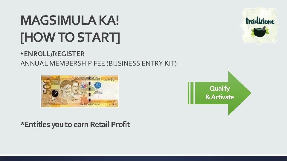 MAGSIMULA KA! [HOW TO START] * ENROLL/REGISTER ANNUAL MEMBERSHIP FEE (BUSINESS ENTRY KIT) Qualify