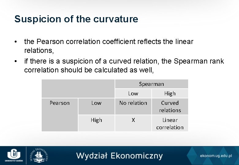Suspicion of the curvature • the Pearson correlation coefficient reflects the linear relations, •