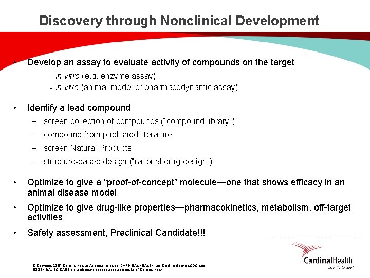Discovery through Nonclinical Development • Develop an assay to evaluate activity of compounds on