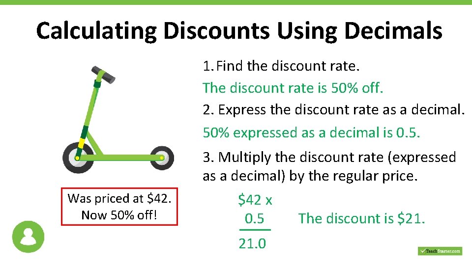 Calculating Discounts Using Decimals 1. Find the discount rate. The discount rate is 50%