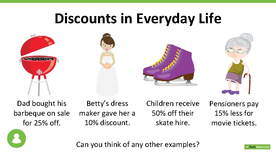 Discounts in Everyday Life Betty’s dress Dad bought his barbeque on sale maker gave