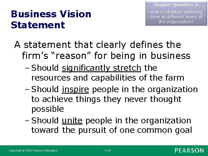 Chapter Question 2: Business Vision Statement How is strategic planning done at different levels