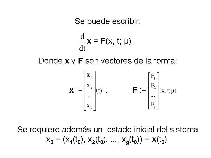Se puede escribir: x = F(x, t; μ) Donde x y F son vectores