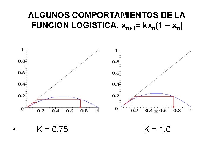 ALGUNOS COMPORTAMIENTOS DE LA FUNCION LOGISTICA. xn+1= kxn(1 – xn) • K = 0.