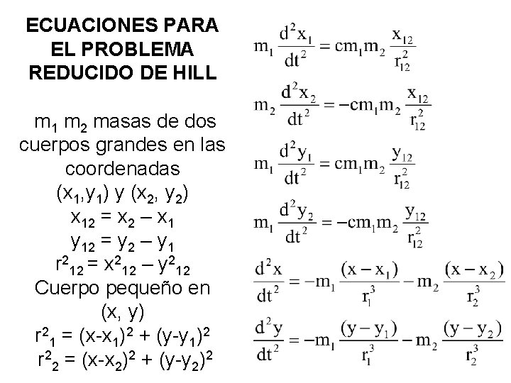 ECUACIONES PARA EL PROBLEMA REDUCIDO DE HILL m 1 m 2 masas de dos