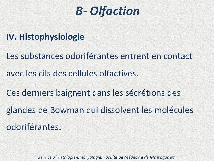 B- Olfaction IV. Histophysiologie Les substances odoriférantes entrent en contact avec les cils des
