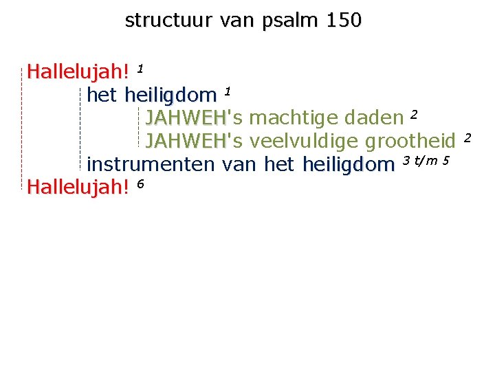 structuur van psalm 150 Hallelujah! Hallelujah 1 het heiligdom 1 JAHWEH's JAHWEH machtige daden structuur van psalm 150 Hallelujah! Hallelujah 1 het heiligdom 1 JAHWEH's JAHWEH machtige daden