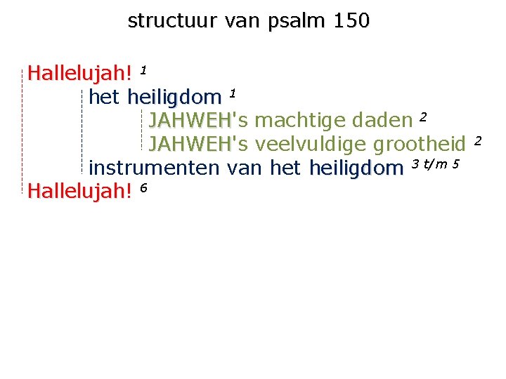 structuur van psalm 150 Hallelujah! Hallelujah 1 het heiligdom 1 JAHWEH's JAHWEH machtige daden