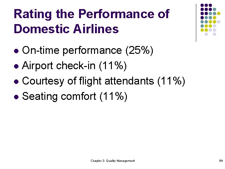 Rating the Performance of Domestic Airlines On-time performance (25%) l Airport check-in (11%) l