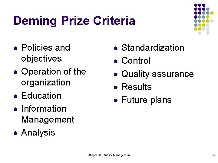 Deming Prize Criteria l l l Policies and objectives Operation of the organization Education