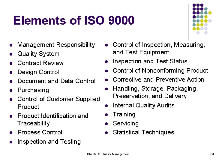 Elements of ISO 9000 l l l l l Management Responsibility Quality System Contract